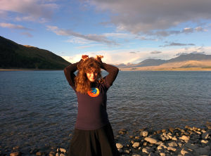 Stephanie with her Firefox ears, on Lake Tekapo